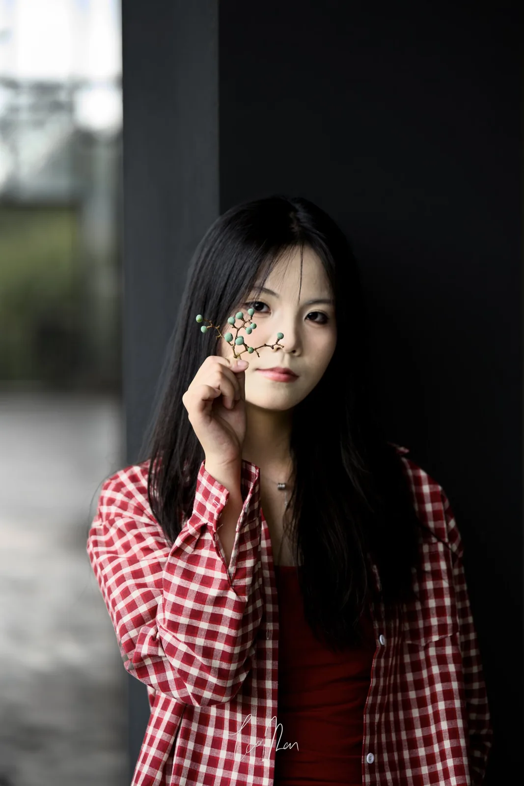 A portrait in a red checked shirt