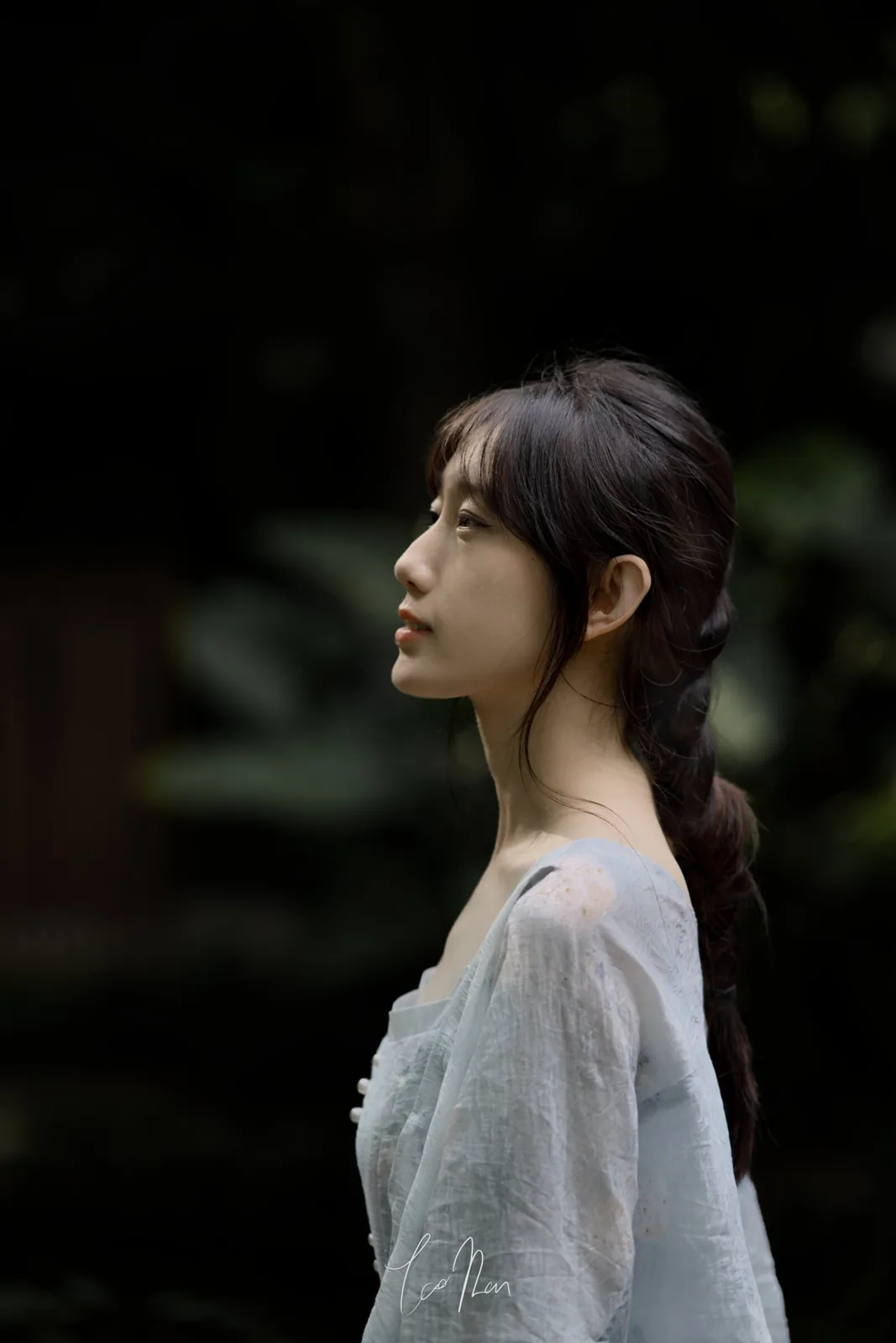 A pale dress and a profile against dark trees